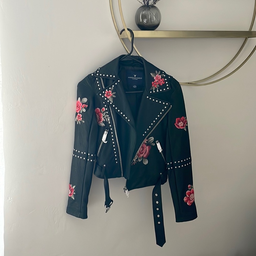Floral Embroidered Faux Leather Jacket